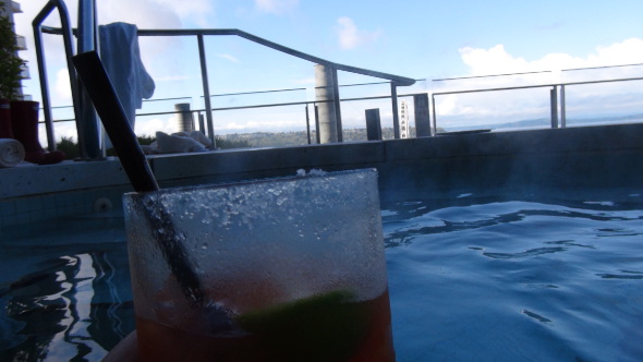 Bloody Mary in the Four Seasons Seattle rooftop hot tub